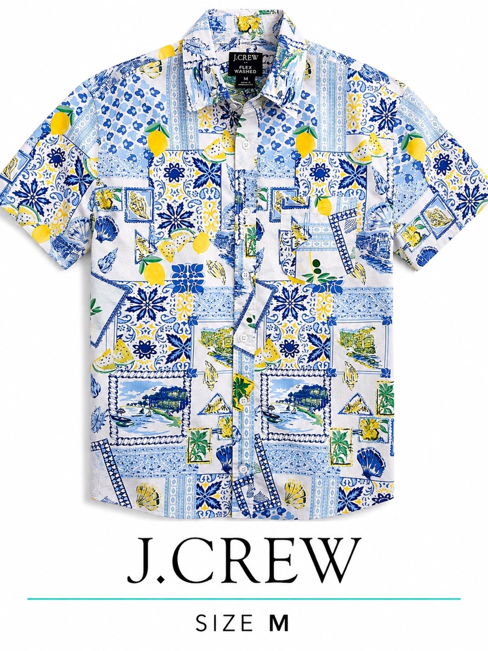 J.Crew Flex Washed Lemon Scenic Patchwork Shirt Men’s M Short Sleeve
